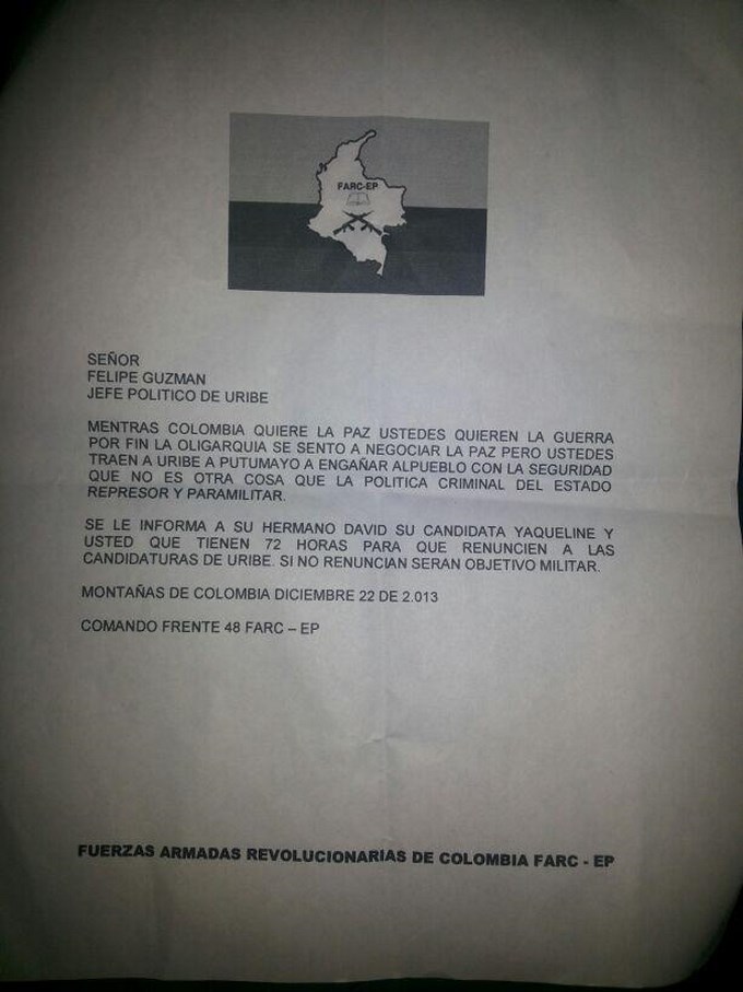 Candidatos uribistas en Putumayo están amenazados por las farc 4 amenaza farc a ucd putumayo (Copiar)