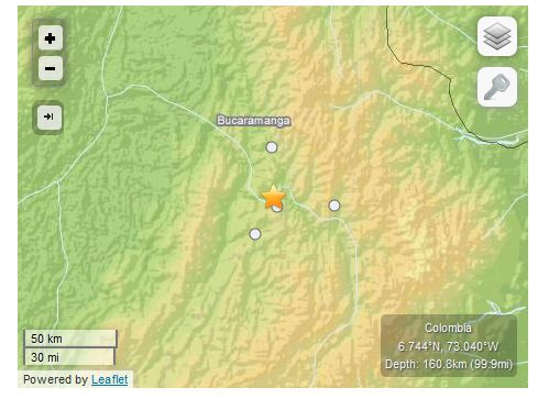 M5.5 - 5km NNW of Aratoca, Colombia 2014-02-07 20:37:11 UTC.