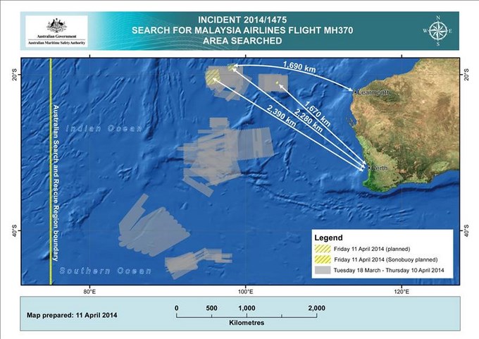Fotografía de Autoridad de Seguridad Marítima Australiana hoy, que muestra el área de búsqueda del MH370