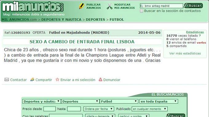 Mujer ofrece sexo por una boleta para la final de Champions en Portugal.