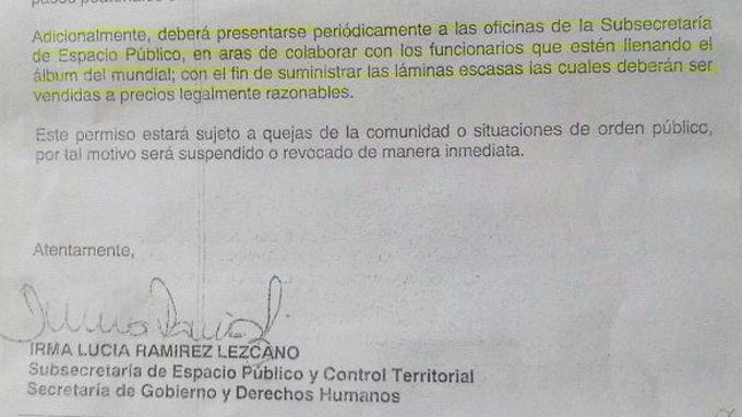 En Subsecretaría de Espacio Público de Medellín condicionan permiso a ventero con láminas del mundial. Carta 4 espacio publico2 app