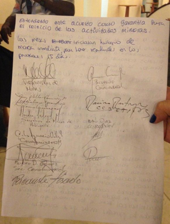 Este es el acuerdo firmado en el que se comprometen los mineros a levantar el paro