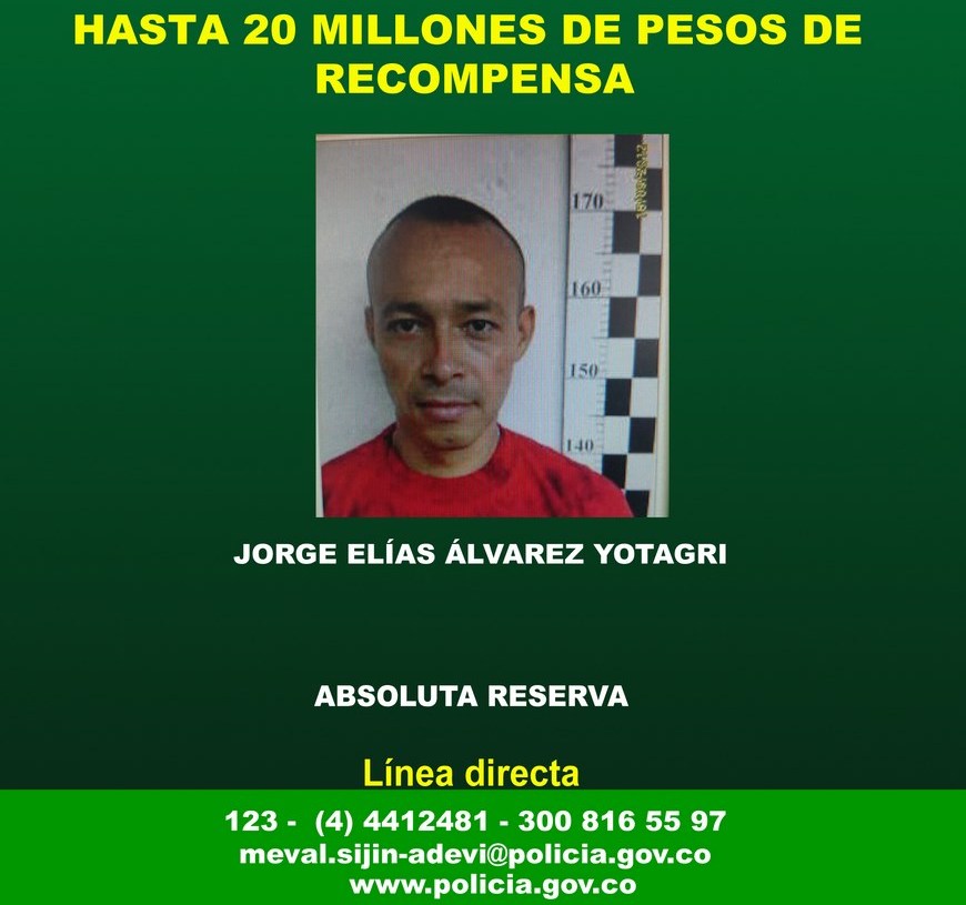 Afiche del ofrecimiento de recompensa por la captura de Álvarez Yotagri.