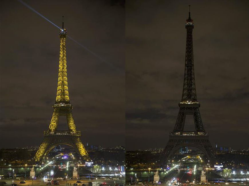 Apagón de las luces de la Torre Eiffel a lss 8:30 hora local en París para concienciar a la población sobre el peligro del cambio climático.  EFE