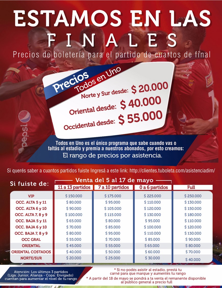 Medellín dio a conocer los precios del 'Todos de Uno' para la siguiente fase de la Liga 2 Imagen del DIM, en la que se explica los precios de acuerdo al número de asistencias al Atanasio en la primera ronda