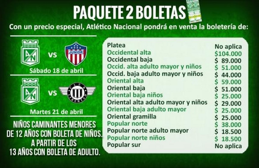 Nacional empaquetó la boletería para Liga y Copa Libertadores 2 Estos son los precios del paquete de dos boletas que tendrá a la venta Atlético Nacional, hasta el próximo viernes
