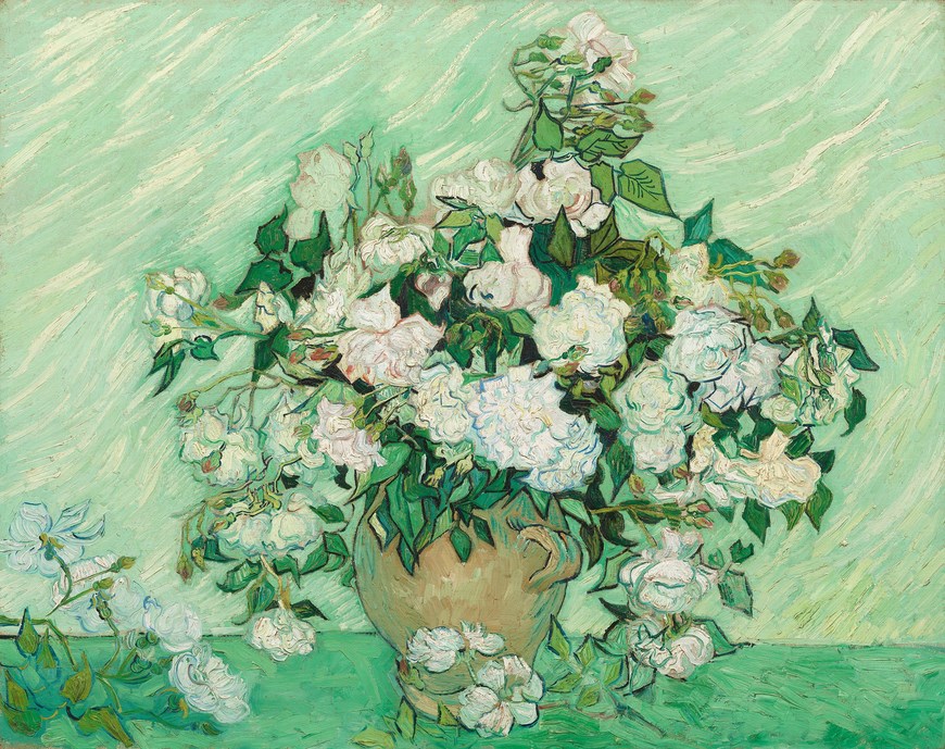 Imagen cedida hoy, miércoles 13 de mayo de 2015, por el MoMa del cuadro Rosas, de la exposición "Van Gogh: Irises and Roses", que reúne por primera vez las cuatro naturalezas muertas, dos ramos de lirios y dos de rosas, pintadas por el holandés antes de abandonar el sanatorio de Saint-Rémy en la Provenza francesa y que se exhibe en el museo Metropolitano de Nueva York (Met). La exposición sucede 125 años después de que Vincent Van Gogh escribiera una carta a su hermano Theo para informarle sobre su trabajo en estas estampas de flores que había recolectado del jardín del asilo Saint-Paul-de-Mausole, donde ingresó voluntariamente en mayo de 1889. EFE/MoMa/