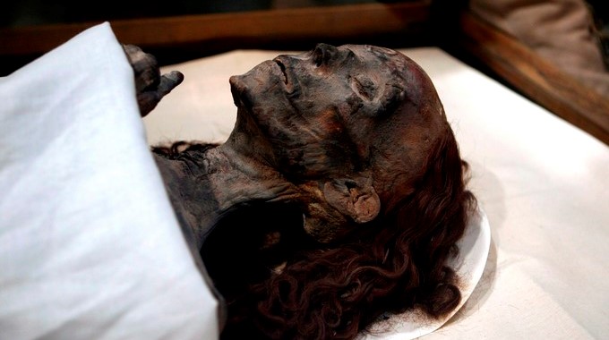 Momia de la Reina Tiye, madre del faraón Akenatón y abuela de Tutankamón, después de que fuera posible su identificación gracias a las pruebas de ADN realizadas por un equipo de arqueólogos en el Museo Egipcio en El Cairo (Egipto). EFEArchivo