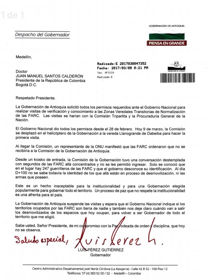 carta gobernador farc prohibio