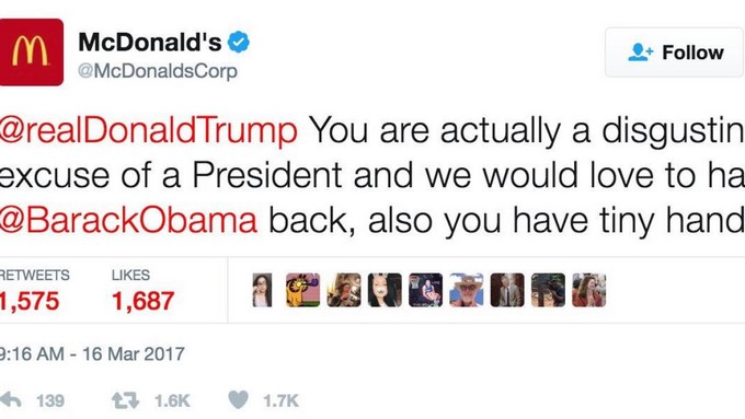 Insulto a Donald Trump por parte de McDonald's/ Captura tomada de Twitter