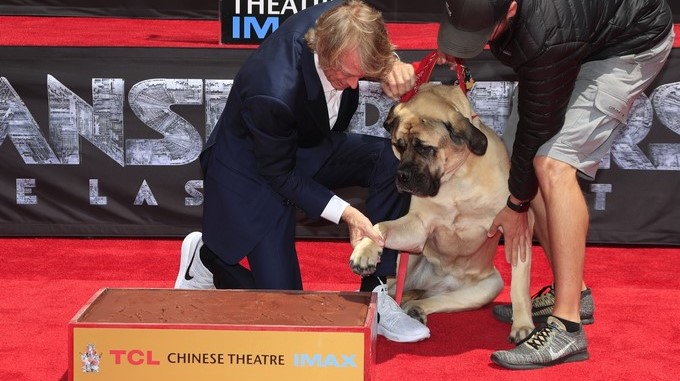 El director estadounidense Michael Bay posa junto a su perro Rebel durante una ceremonia en su honor hoy, martes 23 de mayo de 2017, en el TCL Chinese Theater en Hollywood, California, Estados Unidos. Bay inmortalizó sus huellas en la tradicional ceremonia que el Teatro Chino de Hollywood realiza para honrar a grandes celebridades. EFE