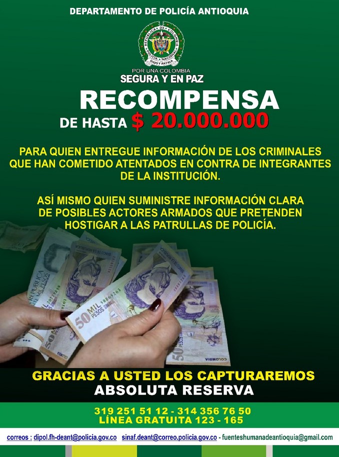 Recompensa de la Policía Antioquia.