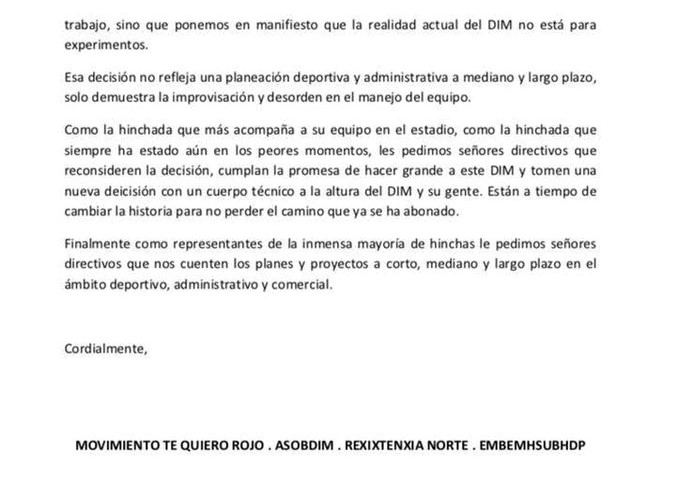Con este comunicado, la hinchada del Medellín pidió "reconsiderar" la llegada de Fabio Martínez 8 comunicado hinchada dim 2