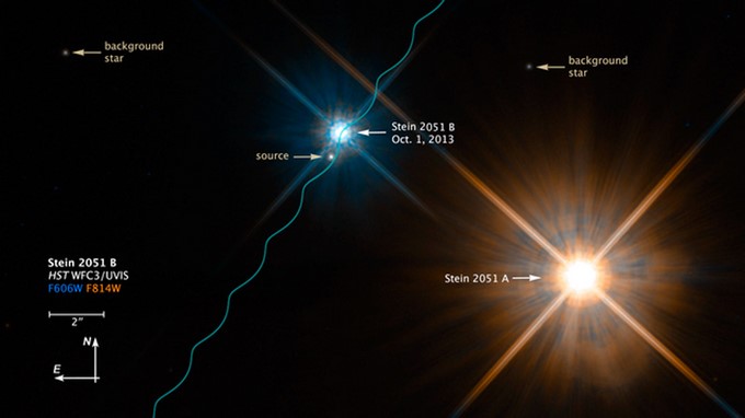 Esta imagen divulgada por el telescopio espacial Hubble muestra el sistema de estrellas binarias Stein 2051 el 1 de octubre de 2013, que consiste en el componente "A" más brillante y rojo en la parte inferior derecha y el componente "B" más débil y azul en el centro, una estrella enana blanca. EFE/NASA, ESAl, STScI