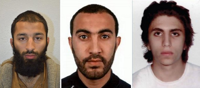 Combo de imágenes que muestra a los tres hombres identificados por la policía como los tres terroristas del atentado de Londres (de i a d) Khuram Shazad Butt, Rachid Redouane y Youssef Zaghba. EFE/London Metropolitan Police