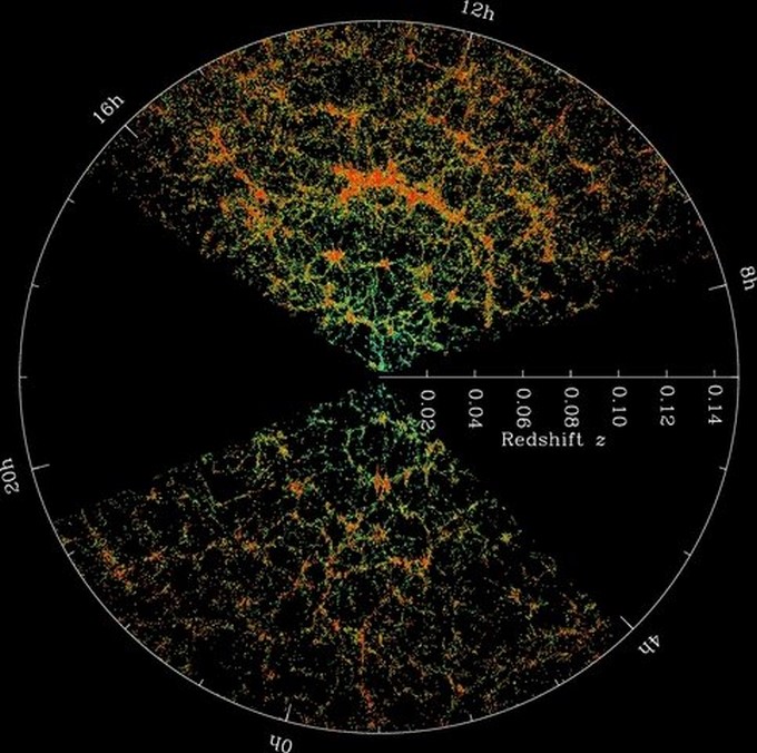 Vista de un mapa del universo observado por Sloan Digital Sky Survey. Las áreas naranjas tienen densidades más altas de racimos de galaxias y filamentos. Un estudio llevado a cabo por la Universidad de Wisconsin-Madison (EE.UU.) EFE/Sloan Digital Sky Survey/Universidad de Wisconsin-Madison