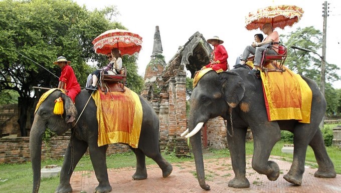 Turistas japoneses en elefantes pasando junto a un antiguo templo budista en Ayutthaya (Tailandia). EFE/Archivo