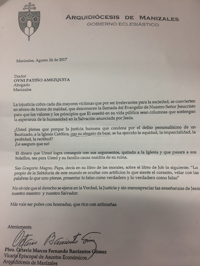 "Malditas", así califica la Arquidiócesis de Manizales las condenas en su contra por abuso sexual de menores