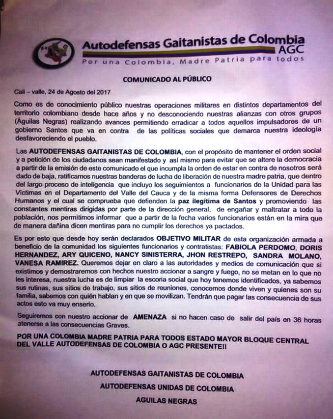 A través de panfleto las Autodefensas, al parecer, amenazan a directora de la Unidad de Víctimas del Valle