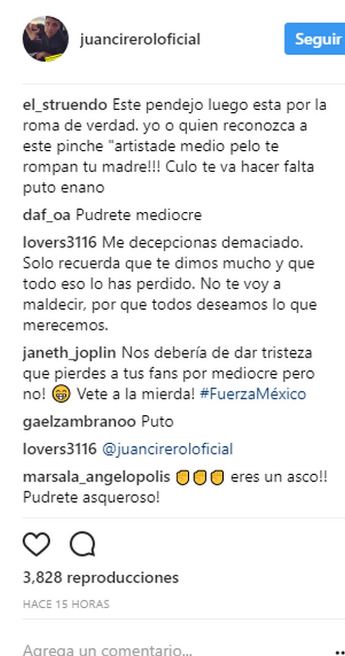 Comentarios que recibe Cirerol en Instagram: @juancireroloficial