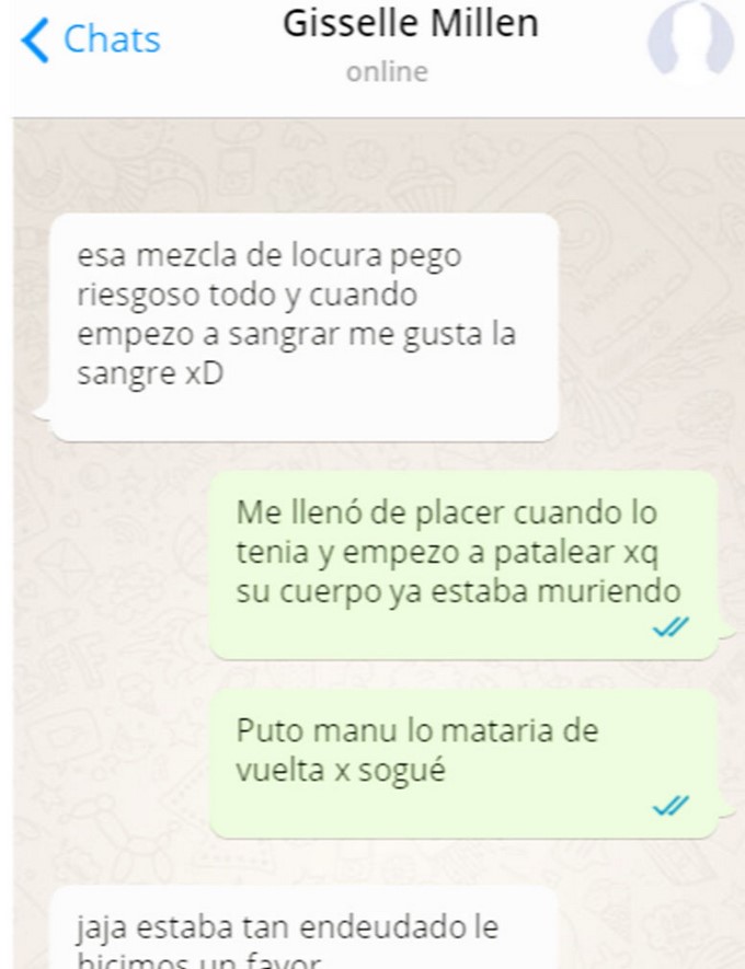 Mensajes entre Isaías Raúl Torres (27) y Gisselle Eliana Millen Otto (27)/ Imagen tomada de Última Hora