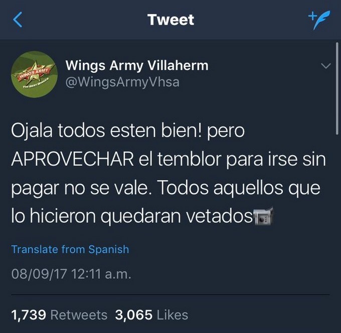 Captura tomada de Twitter: Wings Arms