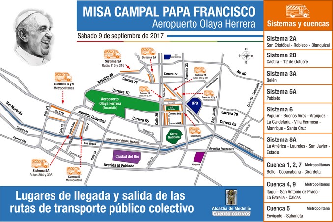Conozca las rutas de buses directas que lo llevarán a la misa del papa en Medellín