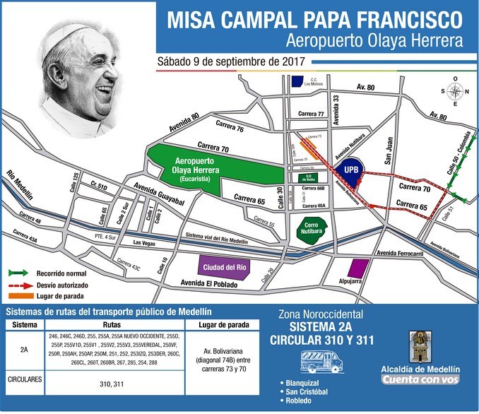 Conozca las rutas de buses directas que lo llevarán a la misa del papa en Medellín