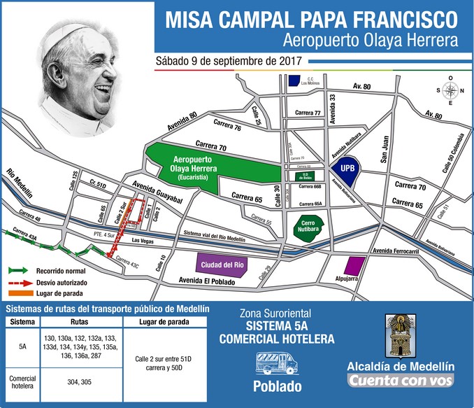 Conozca las rutas de buses directas que lo llevarán a la misa del papa en Medellín