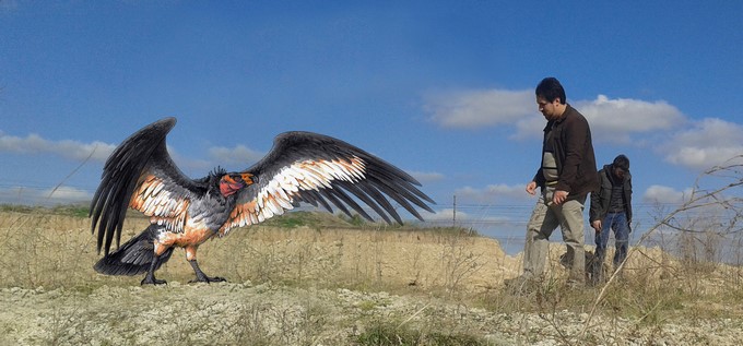 Ilustración Pampagyps imperator junto a tres sinvestigadores/ Cortesía Agencia CTyS-UNLaM