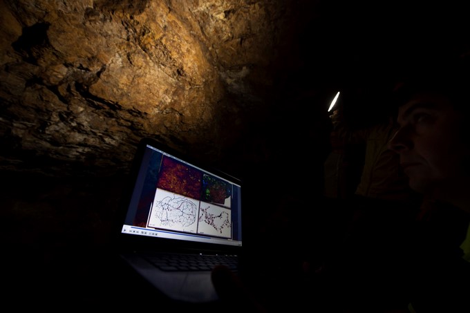 La imagen en un ordenador de una cierva y su situación real en el interior de la cueva de El Pendo en Cantabria (España), donde la aplicación de una nueva técnica de "Teledetección", ha permitido analizar unos restos de pigmentos y trazos y ver que en realidad son tres ciervas que salen a la luz como si fueran "pinturas fantasma". EFE