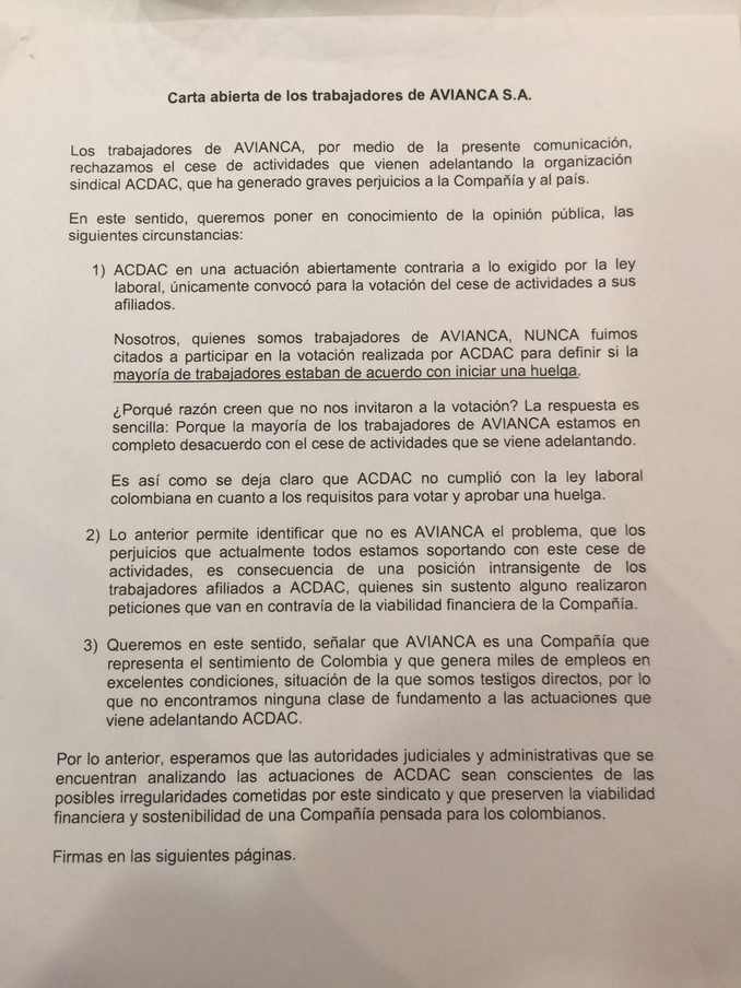 La carta con la que más de 3.000 empleados de Avianca rechazaron el paro de pilotos