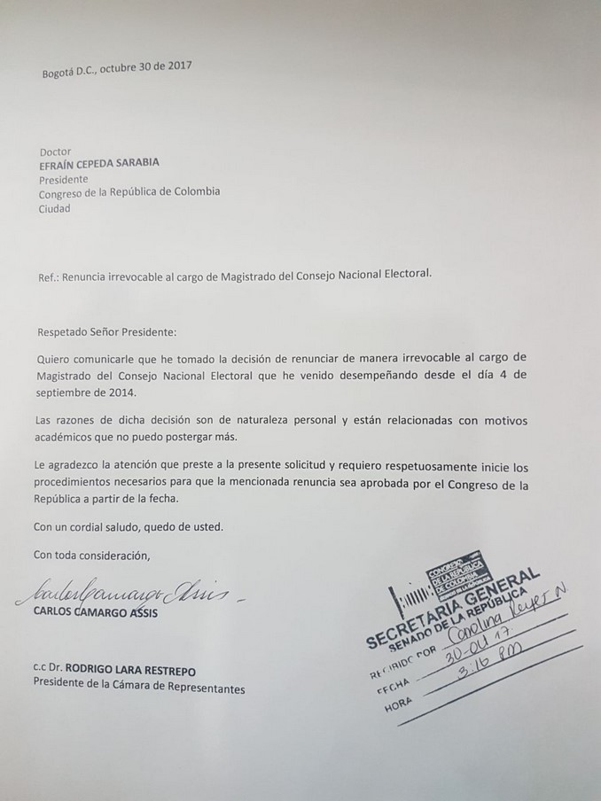 Carlos Camargo renunció al CNE, el magistrado que absolvió a Óscar Iván Zuluaga