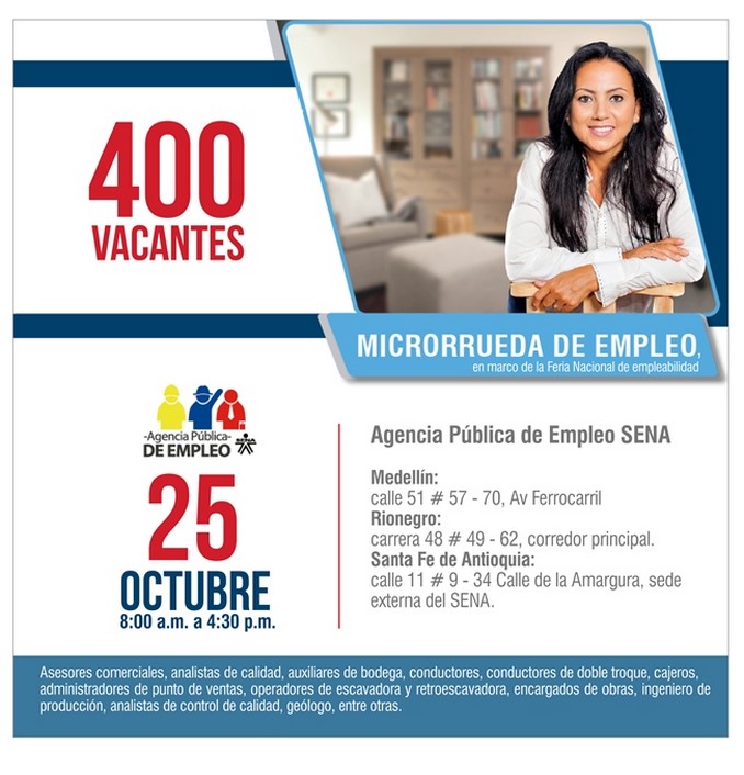 Este miércoles la Agencia Pública de Empleo del SENA ofertará 400 vacantes