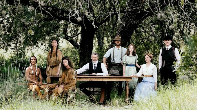 Zahn McClarnon as Toshaway, Elizabeth Frances as Prairie Flower, Jacob Lofland as Young Eli, Pierce Brosnan as Eli McCullough, Henry Garrett as Pete McCullough, Sydney Lucas as Jeannie McCullough, Jess Weixler as Sally McCullough, David Wilson Barnes as Phineas McCullough - The Son _ Season 1, Gallery - Photo Credit: James Minchin/AMC