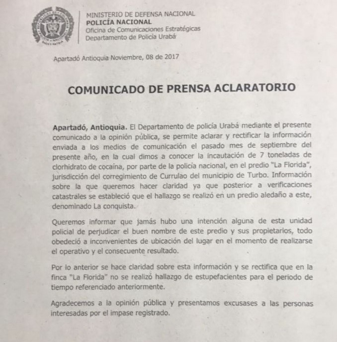 Policía rectifica ubicación de una incautación de siete toneladas de cocaína en Turbo 5 aclaracion_policia_uraba_la_florida