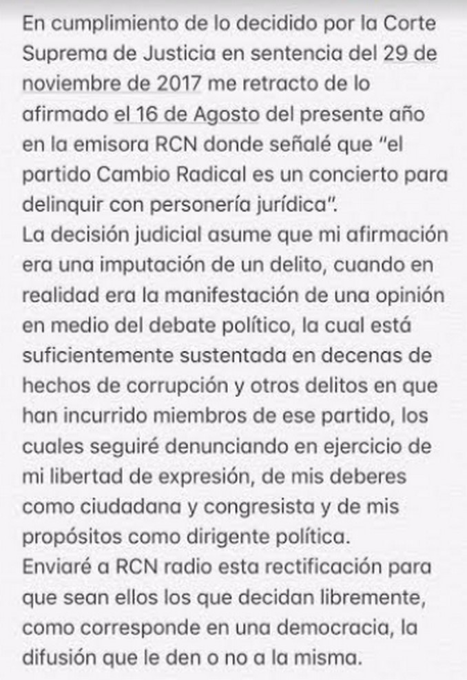 Claudia López se retractó por declaraciones contra Cambio Radical