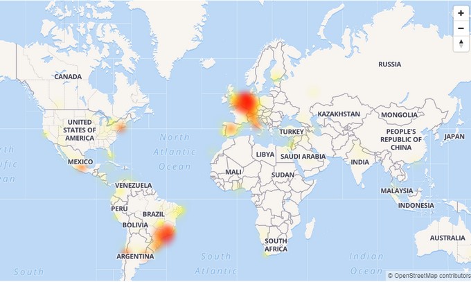 Países afectados con la caída de Whatsapp este 30 de noviembre/ Tomada de http://downdetector.com/status/whatsapp/map/