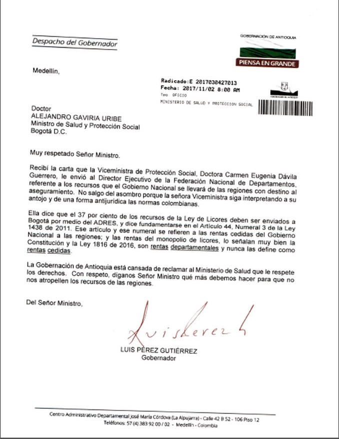 Carta gobernador de Antioquia al ministro de Salud