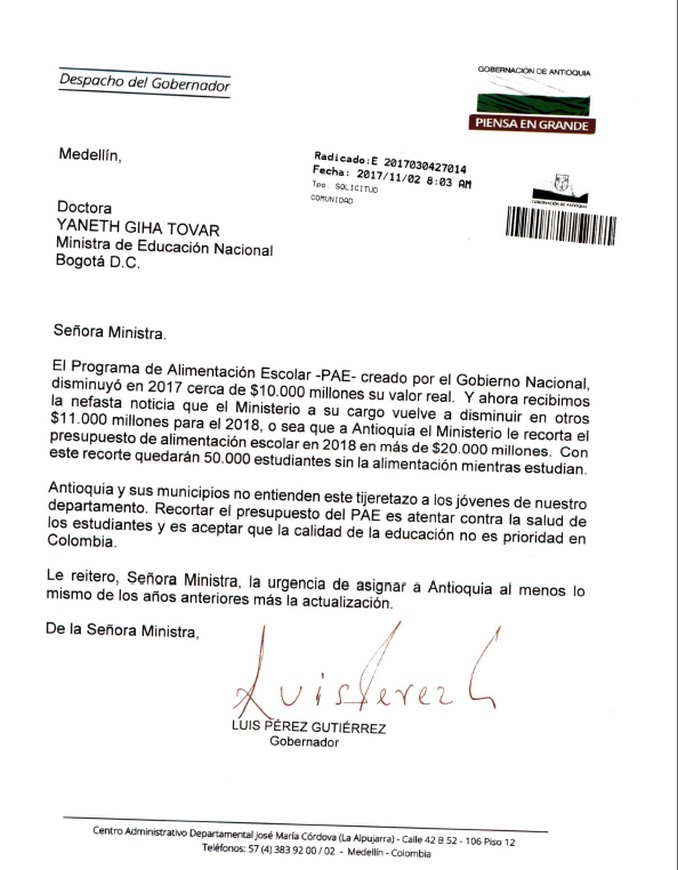 Carta del gobernador Luis Pérez a la ministra de Educación