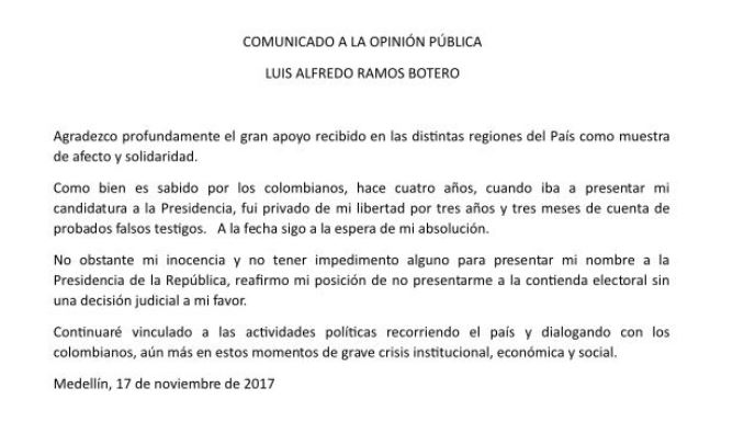 Luis Alfredo Ramos reitera que no aspirará a la Presidencia