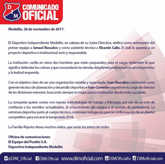 ¡Ya está el DT! Medellín oficializó al nuevo entrenador 3 comunicado rescalvo