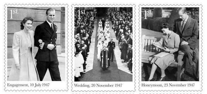 A handout combo photo made available on 18 November by the British Royal Mail showing a set of first class stamps showing Queen Elizabeth II and the Duke of Edinburgh on their engagement (L) on 10 July 1947, wedding (C) 20 November 1947 and honeymoon (R) on 23 November 1947. The Royal Mail have released a set of stamps to commemorate the 70th Wedding Anniversary of The Queen and The Duke of Edinburgh. EFE