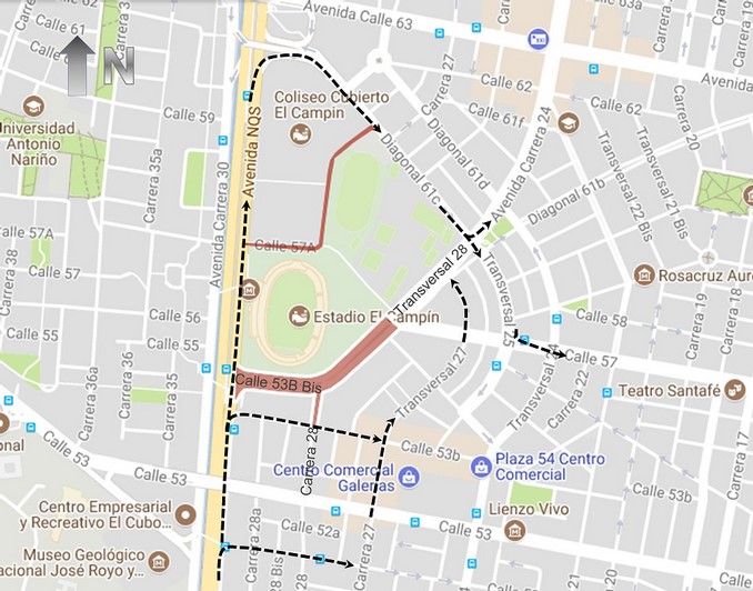 En Bogotá habrá varios cierres viales con motivo de la final entre Millonarios y Santa Fe 5 Mapa 1 Desv%C3%ADos en sentido Sur Oriente.png Copiar