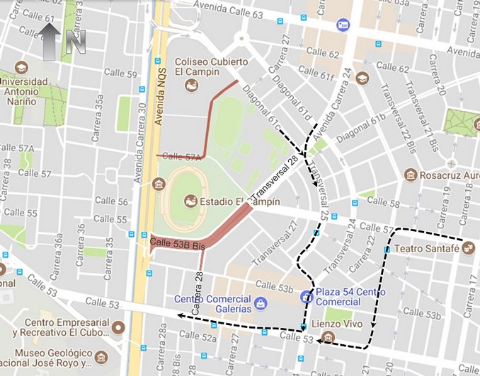 En Bogotá habrá varios cierres viales con motivo de la final entre Millonarios y Santa Fe 6 Mapa 2 %E2%80%93 Desv%C3%ADo en sentido Norte Sur.png Copiar