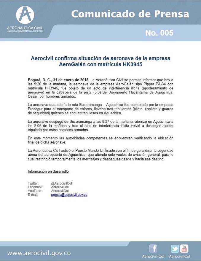 Más de $2.000 millones llevaba la avioneta que fue hurtada en Aguachica