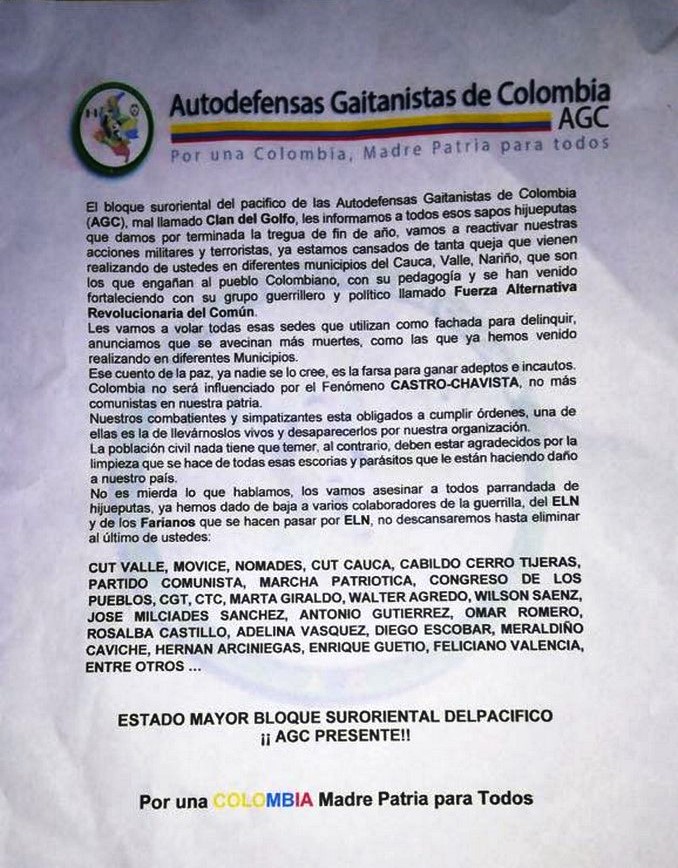 Panfleto Clan del Golfo