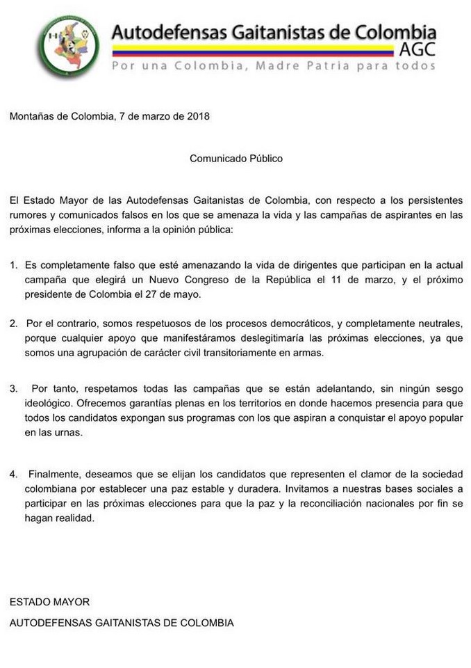 Autodefensas Gaitanistas desmienten que hayan emitido panfletos amenazando las votaciones