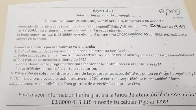 El domingo habrá interrupción del servicio de energía en Rionegro