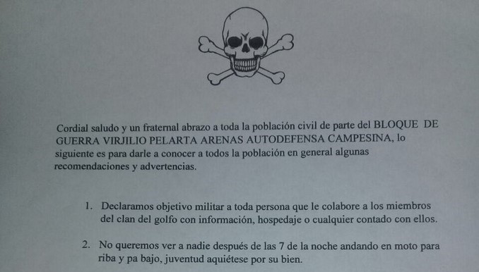 Supuesto panfleto de las Autodefensas Campesinas en Urabá es falso
